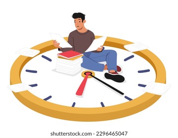 Man Sitting On Large Watch Surrounded By Scattered Papers And Documents. Concept Of Time Management And Busy Schedule with Male Character and Clock. Cartoon People Vector Illustration