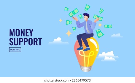 Man sitting on a light bulb There were banknotes floating around. Businessman get an idea to make money. Startup, investment concept for banner, website design or landing page. vector illustration.