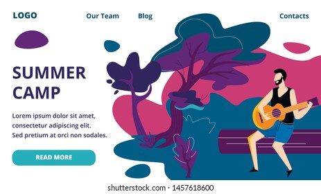 Man Sitting on Log at Night Time Playing Guitar. Tourist Sparetime in Summer Camp. Summertime Activity, Leisure, Vacation Hiking, Camping, Traveling. Horizontal Banner Cartoon Flat Vector Illustration