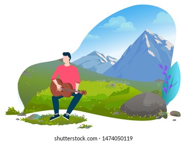 Man sitting on meadow and playing the guitar. Male musician and mountain landscape on background. Hiking and summer recreation concept vector illustration. Mountain tourism. Flat cartoon