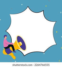 Man sitting on megaphone. Big empty dialog bubble for brand new information. White blank space for text. Presented Critical Updates. Bright colored background.