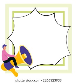 Man sitting on megaphone. Big empty dialog bubble for brand new information. White blank space for text. Presented Critical Updates. Bright colored background.