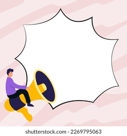 Man sitting on megaphone. Big empty dialog bubble for brand new information. White blank space for text. Presented Critical Updates. Bright colored background.
