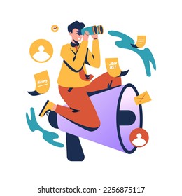 A man sitting on megaphone looking through binoculars for job recruitment candidates