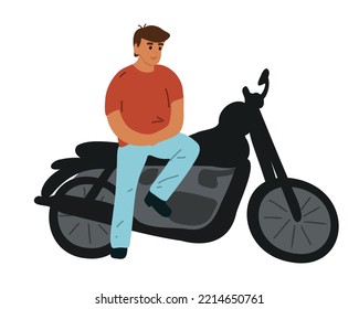 A man is sitting on a motorcycle. Flat vector illustration isolated on white background