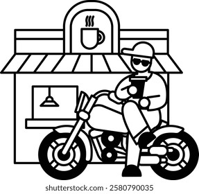 A man is sitting on a motorcycle in front of a coffee shop. He is holding a cup of coffee and looking at his phone