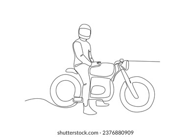 A man sitting on a motorcycle wearing a helmet. Bikers one-line drawing