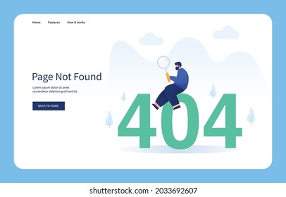 Man Sitting On Number 404 Holding Magnifying Glass. Page Not Found For Website And Mobile Site. Empty State
