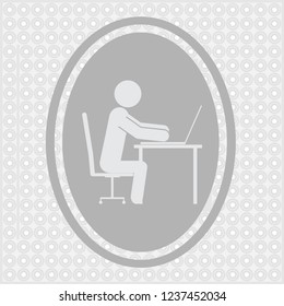Man sitting on office chair at table and working on computer. Side view. Vector silhouette. Businessman works in office at desk and staring into monitor
