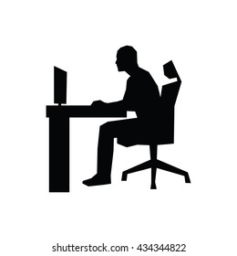 Man Sitting On Office Chair At Table And Working On Computer. Side View. Vector Silhouette. Businessman Works In Office At Desk And Staring Into Monitor