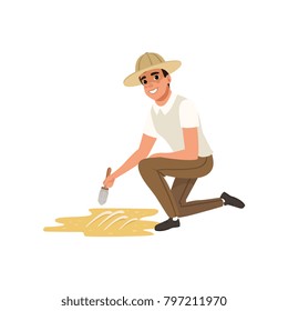 Man sitting on one knee and sweeping dirt from skeleton s bones. Cartoon paleontologist using small brush. Male in shirt, pants and archaeologist hat. Flat vector