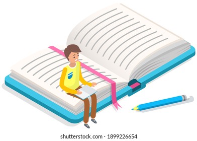 Mann, der auf einem geöffneten Notizbuch mit Übungsbuch saß. Fernstudium oder Online-Schulung, Business Training Seminar, eLearning. Bücher lesen, Wissen, männliche Studierende, die sich auf Prüfungen vorbereiten