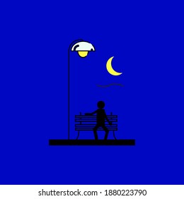 Man sitting on park bench  under light moon on night vector illustration. Enjoying the fresh air.Good day. Relaxing.