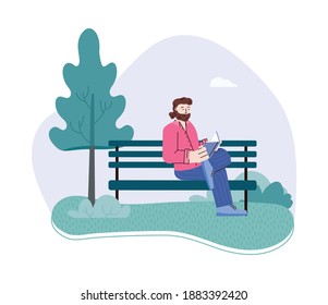 Man is sitting on park bench and reading an interesting book. Reader fan of literature or student with textbook. Hobby, leisure or outdoor recreation. Vector illustration