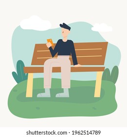 A man is sitting on a park bench and looking at a cell phone. flat design style minimal vector illustration.