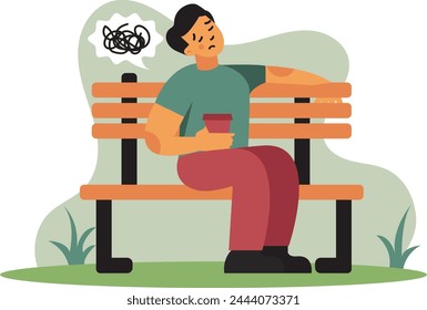 A man sitting on a park bench with a lot on his mind