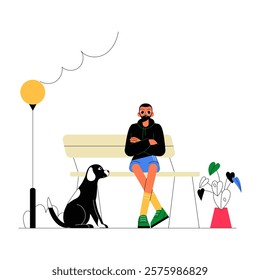 Man Sitting On Park Bench With Black Dog In Flat Vector Illustration Symbolizing Relaxation, Companionship, And Outdoor Leisure, Isolated On White Background