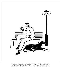 A man sitting on a park bench with his dog lying at his feet. Minimalist line art illustration of companionship and friendship between a person and a pet.
