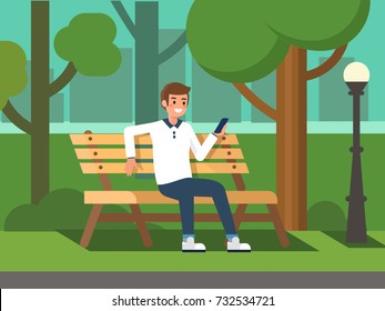 Man sitting on park bench and looking at smartphone display. Flat style vector illustration.
