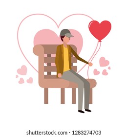 man sitting on park chair with hearts character