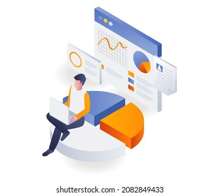 Man sitting on pie chart and analyzing data