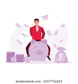 The man sitting on a piggy bank with a pile of coins and notes in hand. Trend Modern vector flat illustration.