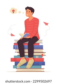 Man Sitting on Pile of Books and Thinking Good Idea for Reading Concept Illustration