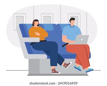 Man sitting on a plane with seat belt while boarding, working on his laptop. Character design. Vector flat illustration