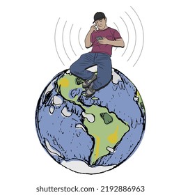 Mann, der auf dem Planeten Erde sitzt und Handy hält. Kreatives Konzept für Internet und Mobilkommunikation. Einzige Vektorgrafik.