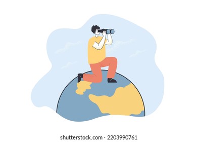 Hombre sentado en el planeta y mirando a través del binocular. Búsqueda de caracteres masculinos para obtener información de ilustración vectorial plana. Exploración, concepto de estrategia para banner, diseño de sitios web o página web de aterrizaje