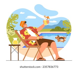 Hombre sentado sobre el concepto de una silla de piscina. Joven cerca de la piscina con bebida fría. Vacaciones de carácter en un país tropical y exótico. Viajes y turismo. Dibujo vectorial plano de dibujos animados