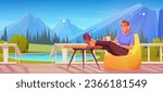 Man sitting on porch with mountain view cartoon background. Table and armchair on summer cottage wooden terrace. 2d pine forest distant landscape with character hold coffee on balcony concept.