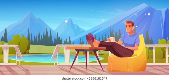 Man sitting on porch with mountain view cartoon background. Table and armchair on summer cottage wooden terrace. 2d pine forest distant landscape with character hold coffee on balcony concept.