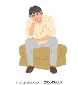 A man is sitting on a pouf and he is tired of waiting. Flat vector illustration.