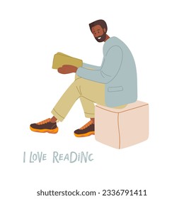 Man sitting on pouf and holding book. Young trendy bearded man wearing casual clothes and reading book. Flat cartoon vector isolated illustration on white background. Lifestyle concept I love reading