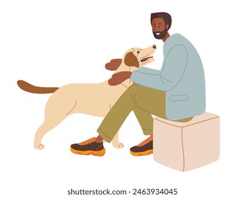 Man sitting on pouf and and petting Labrador dog. Young trendy bearded man wearing casual clothes and large purebred dog. Flat cartoon vector isolated illustration on white background