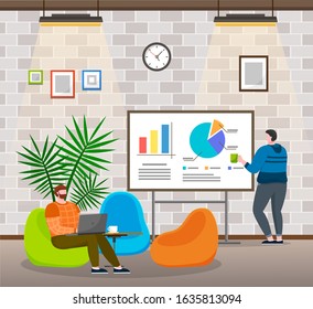 Man sitting on puff and working on laptop. Manager or office worker explore financial report, statistics charts and diagrams on board. Vector illustration of cozy workplace for team in flat style