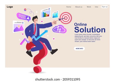 Mann, der auf Fragezeichen sitzt. Online Support Center. Häufig gestellte Fragen Konzept. Flache Vektorgrafik. für Web-Banner, Infografiken, mobile Website. Seitenvorlage für die Landung. 