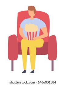 Man sitting on red armchair with popcorn isolated cartoon character. Vector movie seat and person with fastfood snack, male in cinema flat style design