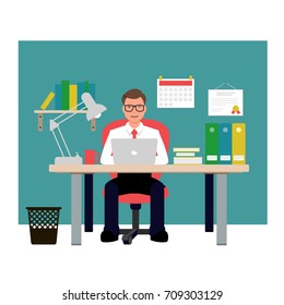 Man sitting on red chair in office. Businessman vector illustration.