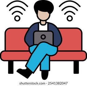 A man is sitting on a red couch and using a laptop. Concept of relaxation and leisure, as the man is taking a break from his work or other activities to enjoy some downtime