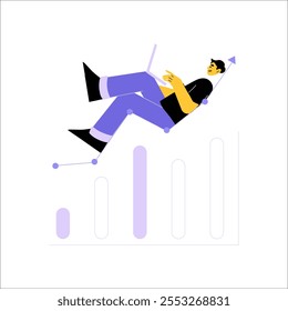 Man Sitting On Rising Graph With Laptop In Flat Vector Illustration Symbolizing Growth, Productivity, And Innovation, Isolated On White Background