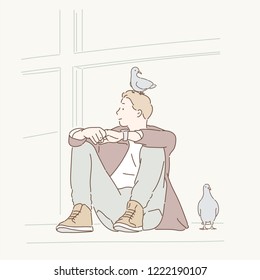 A man is sitting on the road, and a dove is on his head like a friend. hand drawn style vector design illustrations.