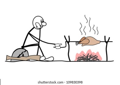 a man sitting on a rock. the bird is roasted over a fire. rifle, near the stone