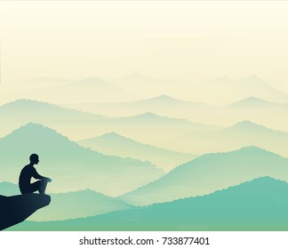 man sitting on the rock and looking at the tranquil hills, vista landscape, early morning in mountains, vector