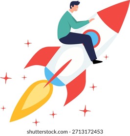 Hombre sentado en un cohete volando. Ilustración vectorial plana en estilo Corporativa de Memphis. Lanzamiento de inicio, nuevo negocio y concepto de aceleración aislado sobre fondo blanco.