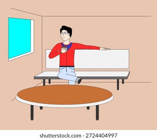 Un hombre está sentado en una mesa redonda en una habitación. Lleva una camisa roja y una corbata azul