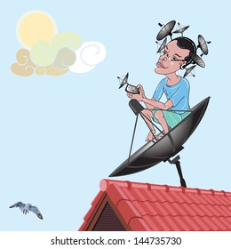A man sitting on satellite dish using communication by wear small satellite dishes on his head