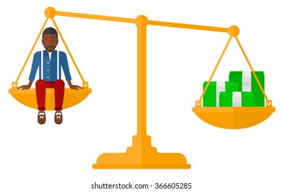 Man sitting on scale with coins.