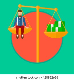 Man sitting on scale with stacks of money.